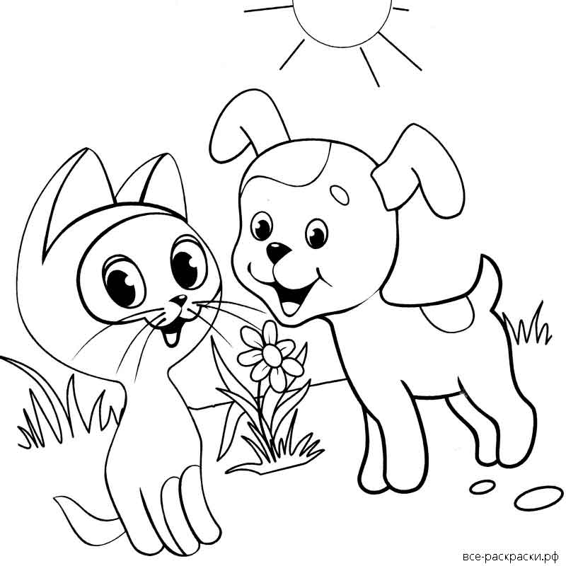 Раскраска котенок гав и щенок играют на полянке 😻 распечатать бесплатно